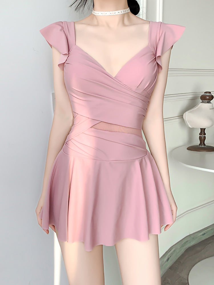 2025 New Swimsuit for Women, Belly-Covering, Slimming Look, One-Piece Skirt-Style Steel Support Push-Up Student Conservative Hot Spring Swimsuit