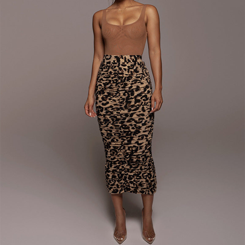 2025 Spring and Summer New High-Waisted Leopard Print Skirt European and American Fashion Sexy Tight Pleated Slit Mid-Length Skirt