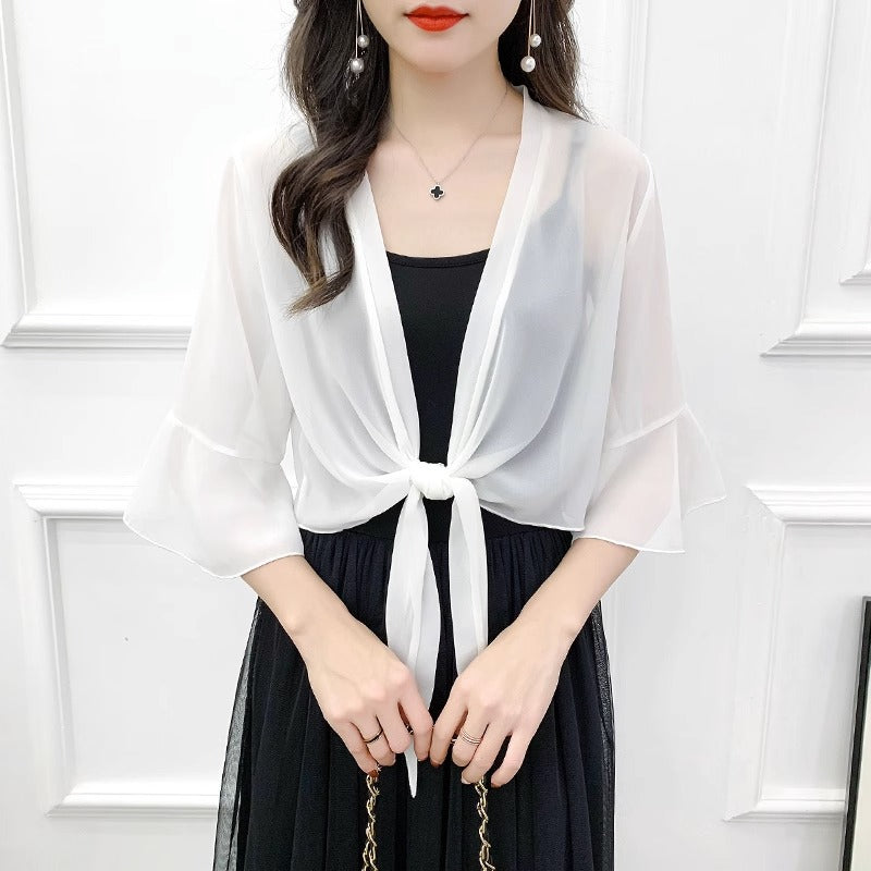 Sunscreen Cardigan Women's Spring and Summer Shawl Outer Blouse Thin Jacket with Sling Skirt Chiffon Small Waistcoat