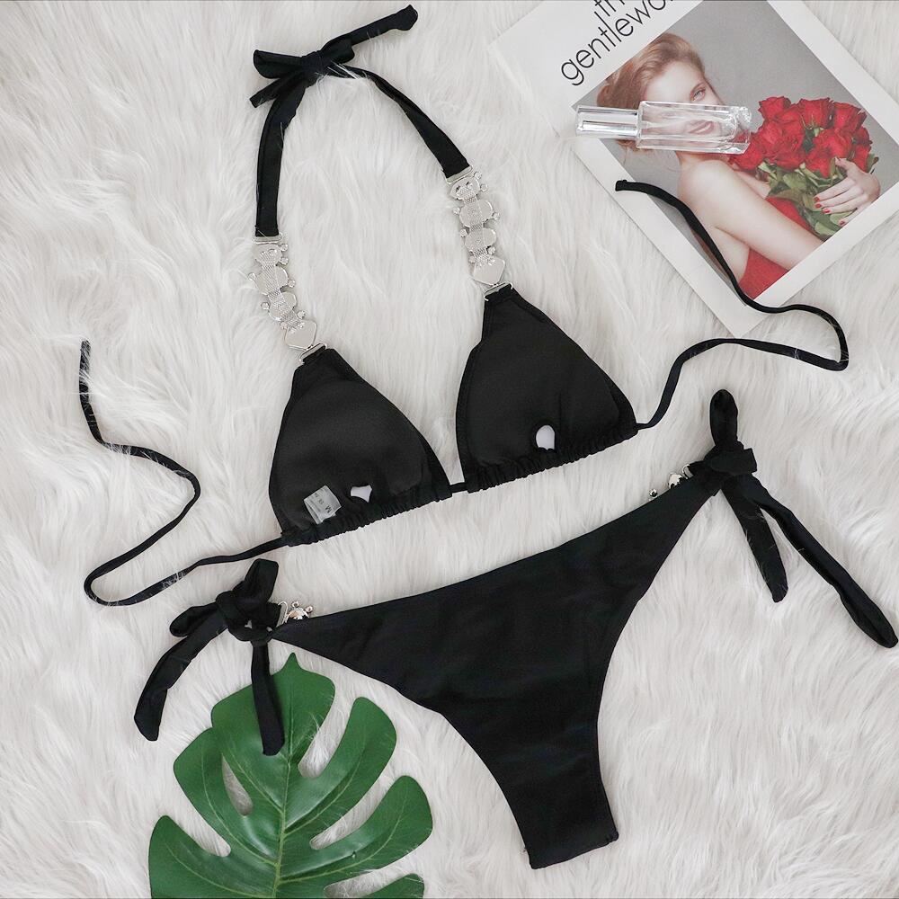 2022 European and American Sexy Bikini Plain Women's Split Strap Luxury Diamond Swimsuit Metal Chain Accessories Swimsuit
