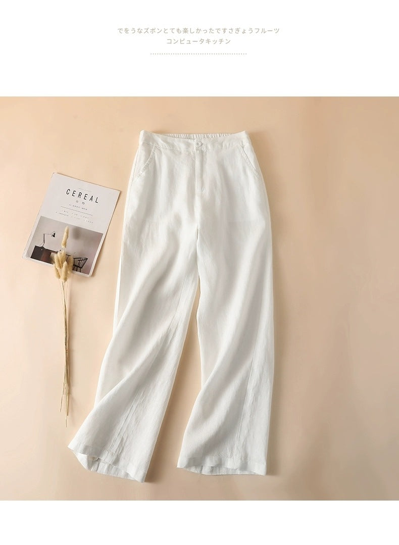 Solid Color Linen Wide-Leg Women's Pants 2023 Summer Loose Slimming Drapey High-Waisted Straight Nine-Point Length Leg-Lengthening
