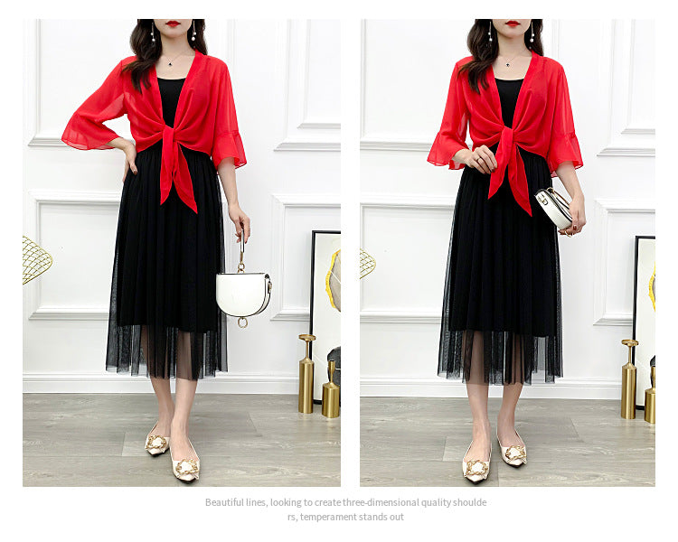 Sunscreen Cardigan Women's Spring and Summer Shawl Outer Blouse Thin Jacket with Sling Skirt Chiffon Small Waistcoat
