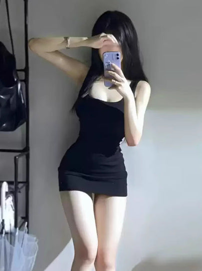 Sister-Style Little Black Dress, Waist Slimming Suspender Skirt, Hip-Covering Skirt, Pure Lust Hot Girl Square-Neck Tight Dress, Women's New Summer Style