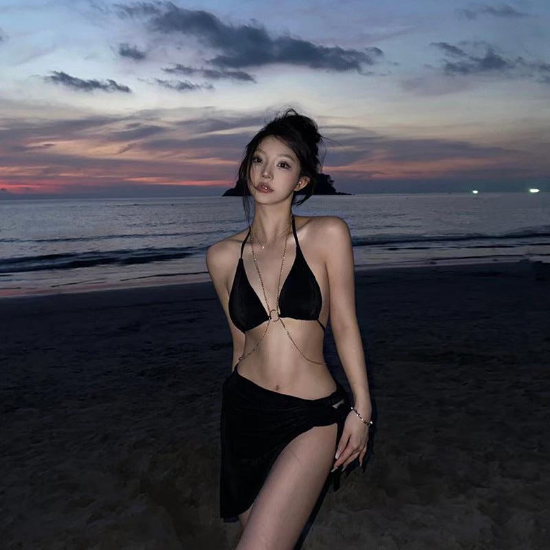 Black Chain Swimsuit Women's Bikini Three-Piece Split Beautiful Back Swimsuit Hot Spring Beach Vacation Halter Sexy