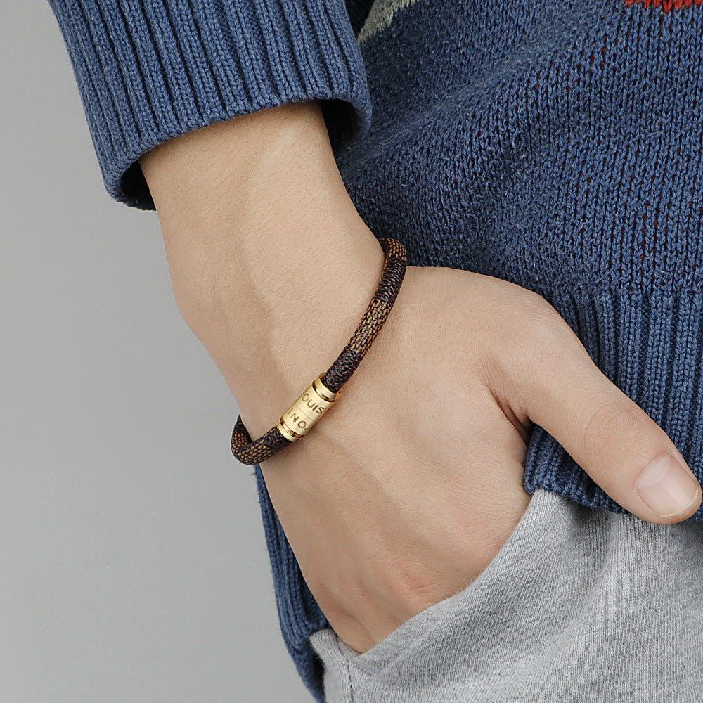 Cross-Border E-Commerce European and American Titanium Steel Lettering Old Pattern Cowhide Rope Bracelet Stainless Steel Magnetic Buckle Male and Female Couple Bracelet