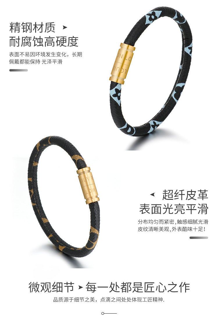 Cross-Border E-Commerce European and American Titanium Steel Lettering Old Pattern Cowhide Rope Bracelet Stainless Steel Magnetic Buckle Male and Female Couple Bracelet