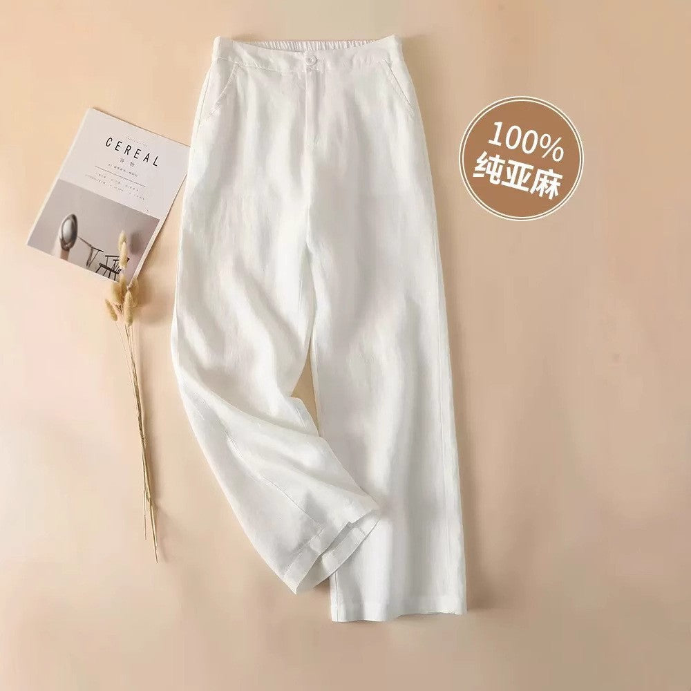 Solid Color Linen Wide-Leg Women's Pants 2023 Summer Loose Slimming Drapey High-Waisted Straight Nine-Point Length Leg-Lengthening