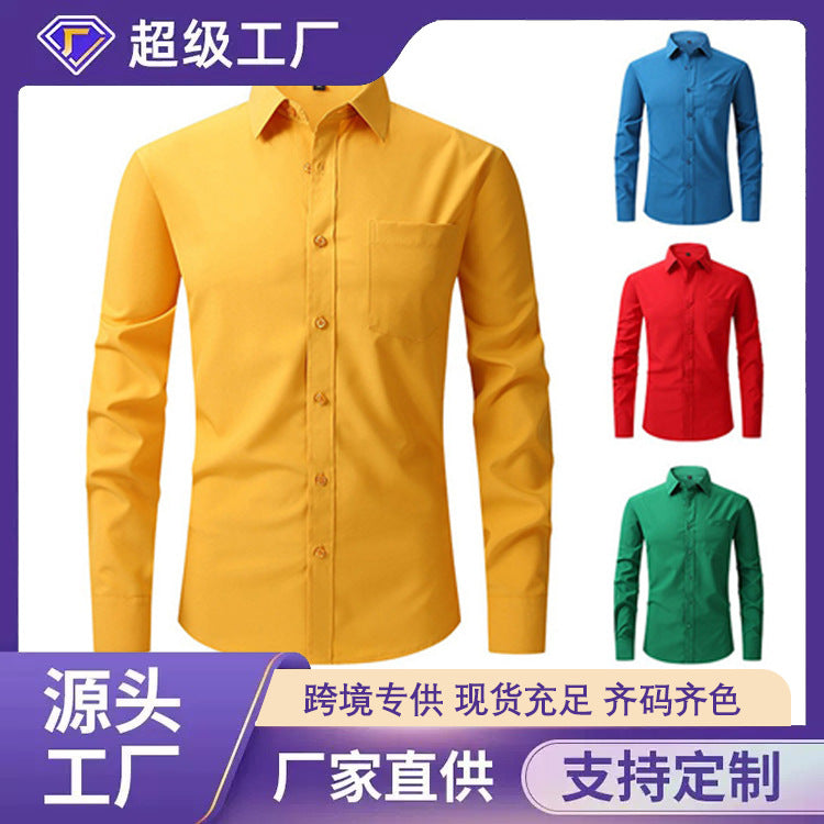 Solid Color Amazon Stretchy Plus-Size Men's Long-Sleeve Shirt, Men's Fashion Shirt, Slim Fit Outerwear
