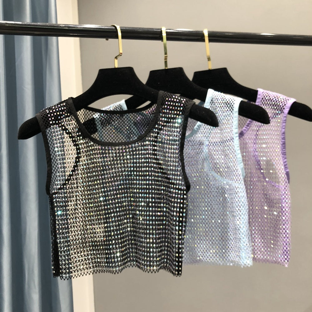Summer new net diamond crystal I-shaped vest AB colored diamond short version party bling shiny exposed waist top