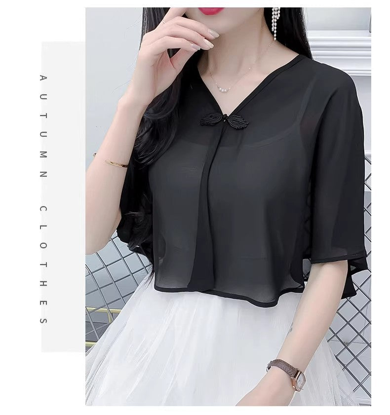 Thin Small Shawl Summer Dress with Sling Skirt Air-conditioning Shirt Women's Cardigan Outer Chiffon Ethnic Style Silver Buckle Small Coat
