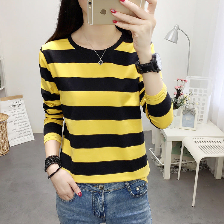 Autumn chubby girl Plus Size Large Size Loose Cotton Long-sleeved T-shirt Women's Middle-aged Mother Base Shirt Striped Top