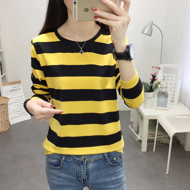 Autumn chubby girl Plus Size Large Size Loose Cotton Long-sleeved T-shirt Women's Middle-aged Mother Base Shirt Striped Top