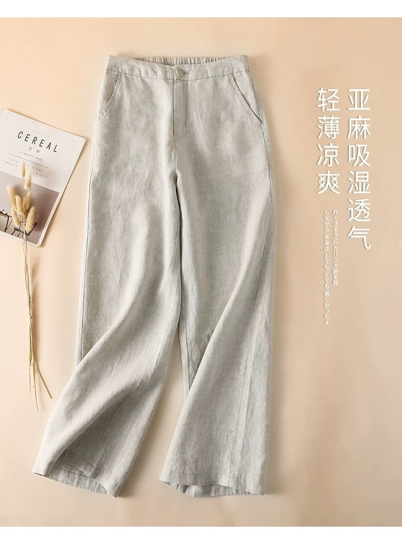 Solid Color Linen Wide-Leg Women's Pants 2023 Summer Loose Slimming Drapey High-Waisted Straight Nine-Point Length Leg-Lengthening