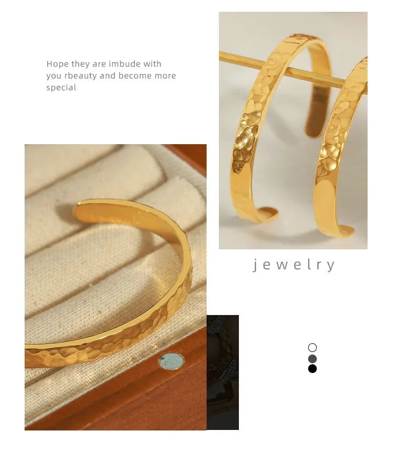 Casual Style Personalized Geometric Jewelry Niche Hammered Texture Design Titanium Steel Gold-Plated Open Bracelet Titanium Steel Bracelet