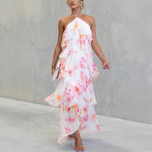 Spring Summer Chiffon Printed Lace up Dress Multi Layer Holiday Dress
