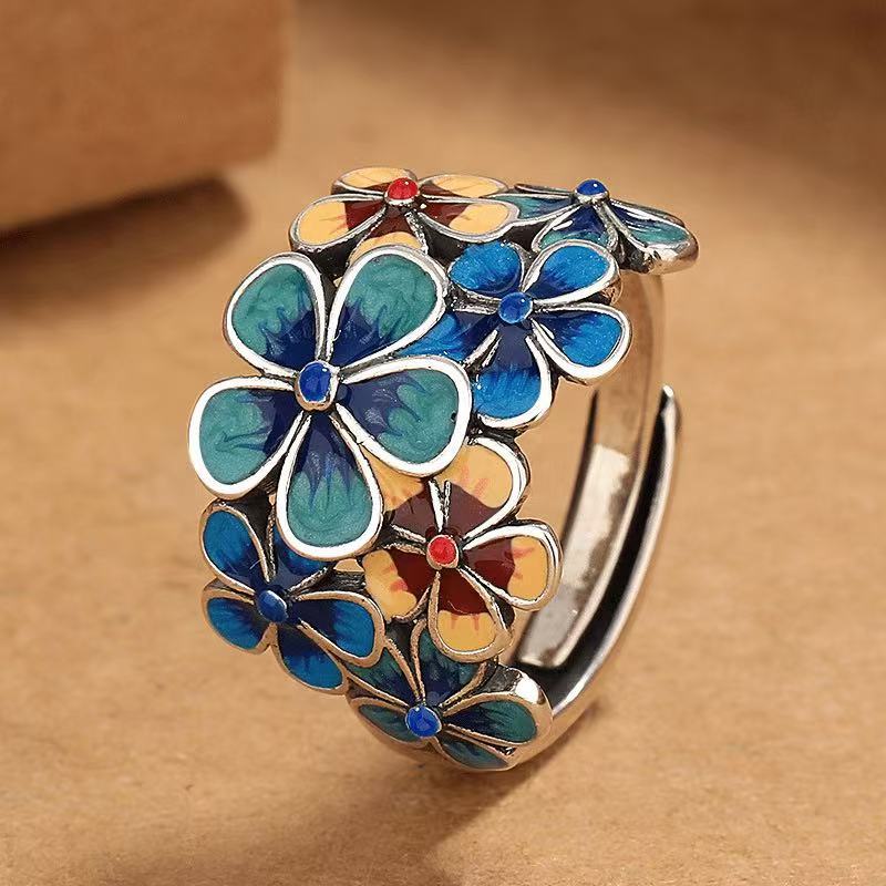 Chinese Style Blooming Flower Ring for Women, Retro Ethnic Style Open Adjustable Creative Index Finger Ring