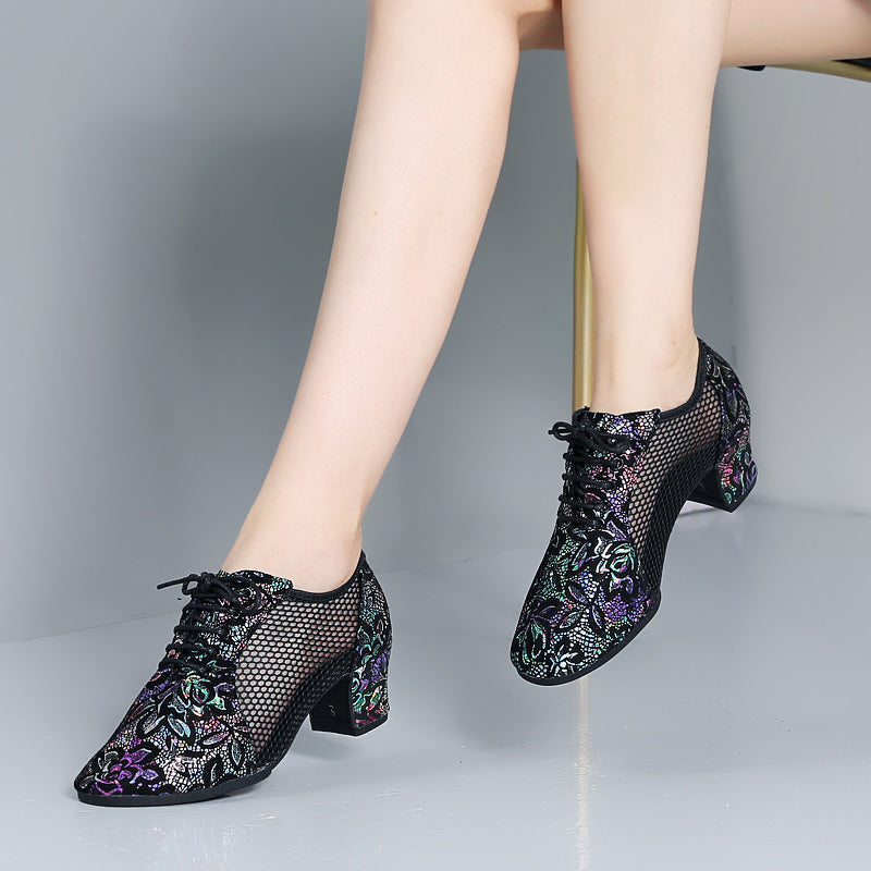 Leather Dance Shoes Latin Dance Shoes Adult Women's Middle-heel Teacher Shoes Cowhide Modern Dance Shoes Square Dance