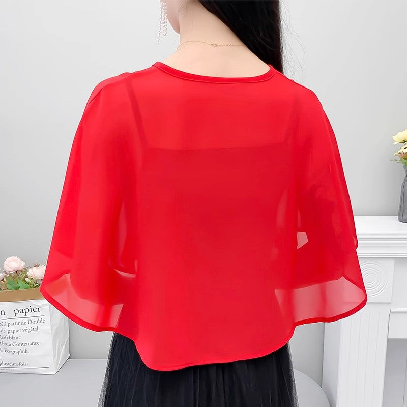Thin Small Shawl Summer Dress with Sling Skirt Air-conditioning Shirt Women's Cardigan Outer Chiffon Ethnic Style Silver Buckle Small Coat