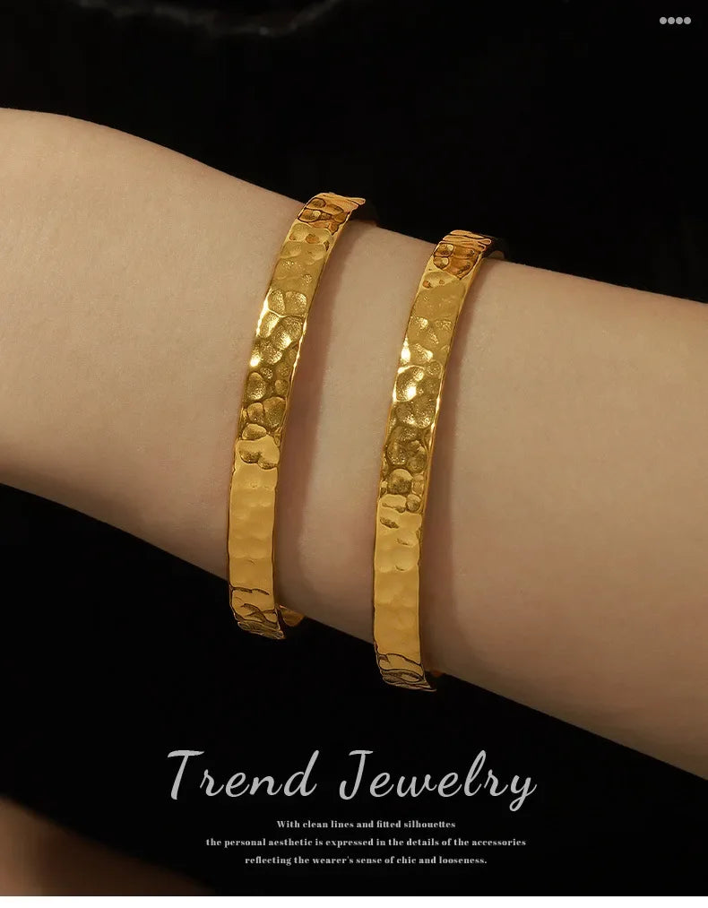 Casual Style Personalized Geometric Jewelry Niche Hammered Texture Design Titanium Steel Gold-Plated Open Bracelet Titanium Steel Bracelet