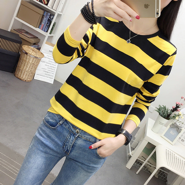 Autumn chubby girl Plus Size Large Size Loose Cotton Long-sleeved T-shirt Women's Middle-aged Mother Base Shirt Striped Top
