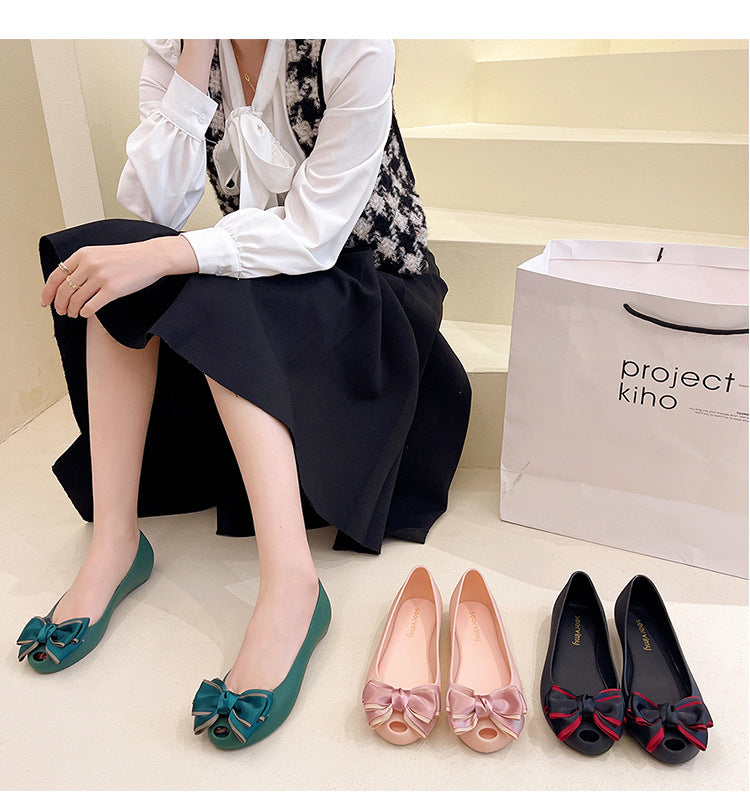 Women's Flat Shoes 2022 New Summer Shallow Soft Bottom Bow Casual Loafers Fish Mouth Plastic Jelly Shoes
