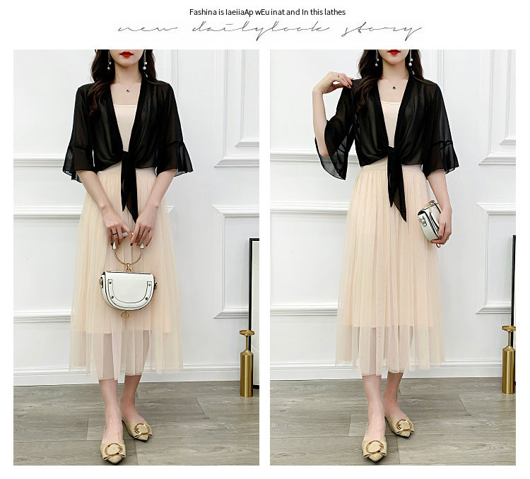 Sunscreen Cardigan Women's Spring and Summer Shawl Outer Blouse Thin Jacket with Sling Skirt Chiffon Small Waistcoat
