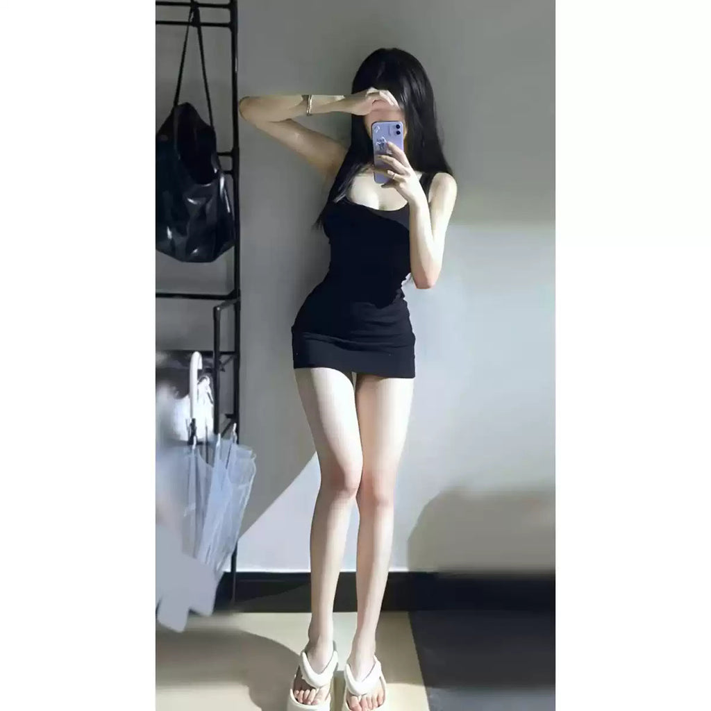 Sister-Style Little Black Dress, Waist Slimming Suspender Skirt, Hip-Covering Skirt, Pure Lust Hot Girl Square-Neck Tight Dress, Women's New Summer Style