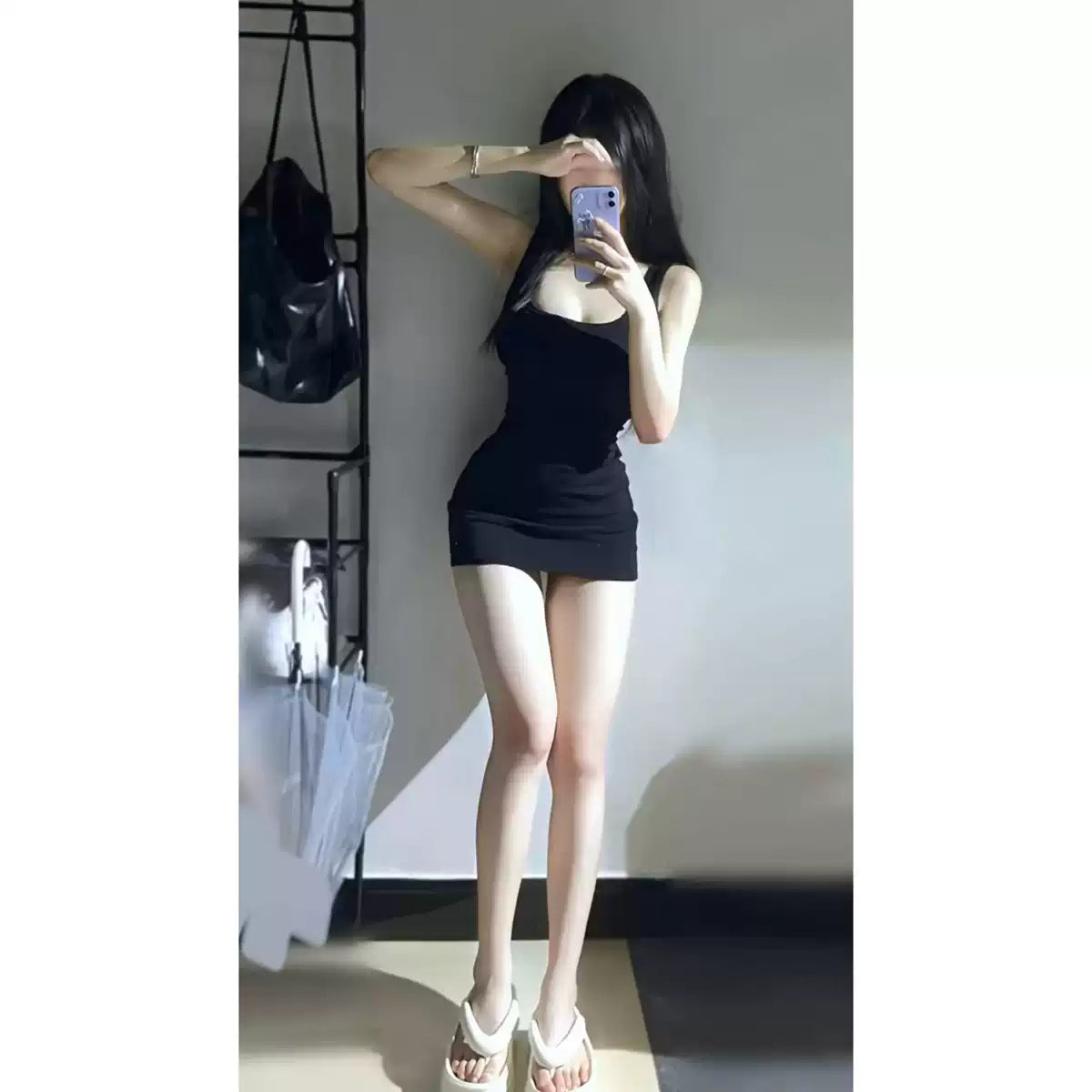 Sister-Style Little Black Dress, Waist Slimming Suspender Skirt, Hip-Covering Skirt, Pure Lust Hot Girl Square-Neck Tight Dress, Women's New Summer Style