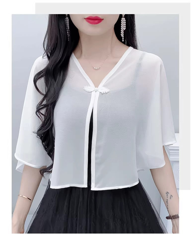Thin Small Shawl Summer Dress with Sling Skirt Air-conditioning Shirt Women's Cardigan Outer Chiffon Ethnic Style Silver Buckle Small Coat