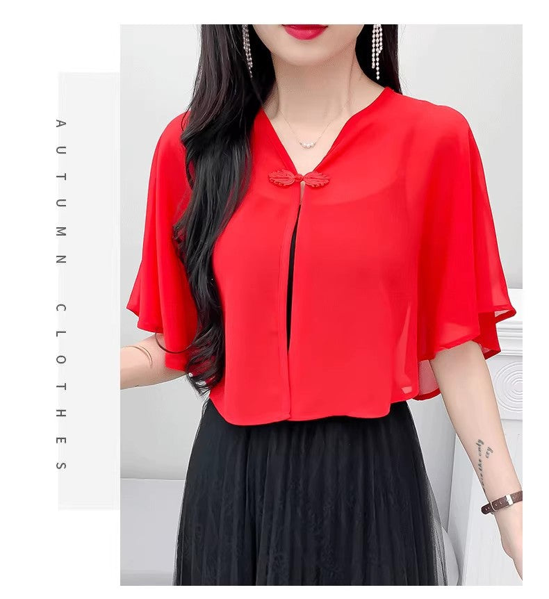 Thin Small Shawl Summer Dress with Sling Skirt Air-conditioning Shirt Women's Cardigan Outer Chiffon Ethnic Style Silver Buckle Small Coat