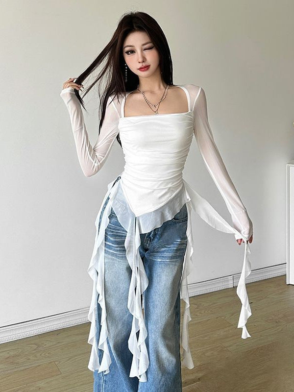 Irregular Ruffled Strap Shoulder T-shirt Women's Early Autumn Niche Design Sense Slim-fit Slimming Hot Girl Sexy Top