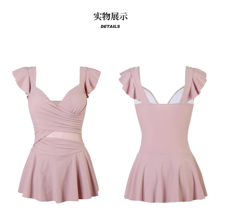 2025 New Swimsuit for Women, Belly-Covering, Slimming Look, One-Piece Skirt-Style Steel Support Push-Up Student Conservative Hot Spring Swimsuit