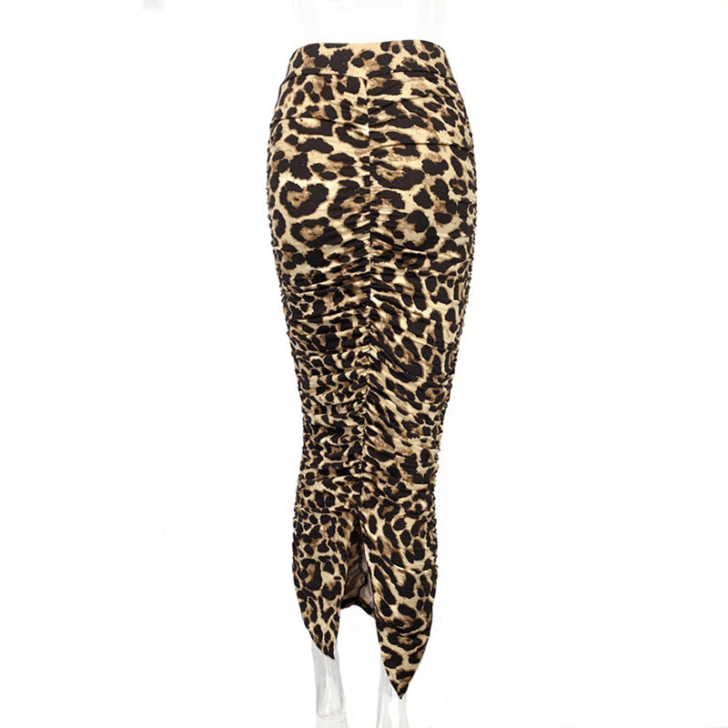 2025 Spring and Summer New High-Waisted Leopard Print Skirt European and American Fashion Sexy Tight Pleated Slit Mid-Length Skirt