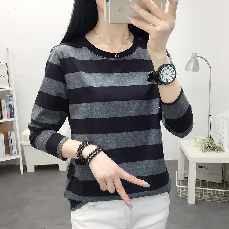 Autumn chubby girl Plus Size Large Size Loose Cotton Long-sleeved T-shirt Women's Middle-aged Mother Base Shirt Striped Top
