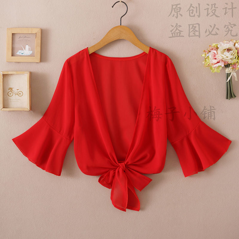 2025 Summer Sunscreen Clothing Chiffon Small Shawl Jacket Women's All-match Small Waistcoat Short Sleeve Thin Outer Short Cardigan