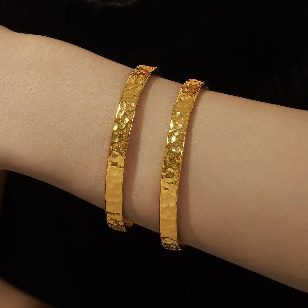 Casual Style Personalized Geometric Jewelry Niche Hammered Texture Design Titanium Steel Gold-Plated Open Bracelet Titanium Steel Bracelet