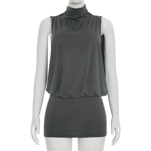 Women Clothing Summer Solid Color Casual Sleeveless Turtleneck Mini