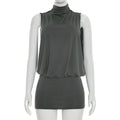 Women Clothing Summer Solid Color Casual Sleeveless Turtleneck Mini
