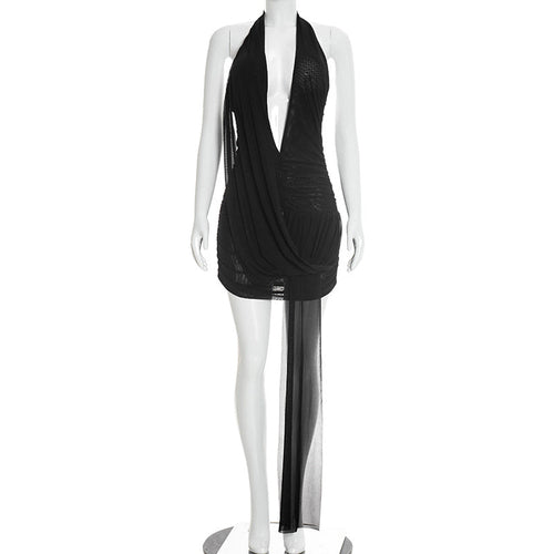 Women Clothing Summer Solid Color Sexy Mesh Draped Deep V Plunge neck
