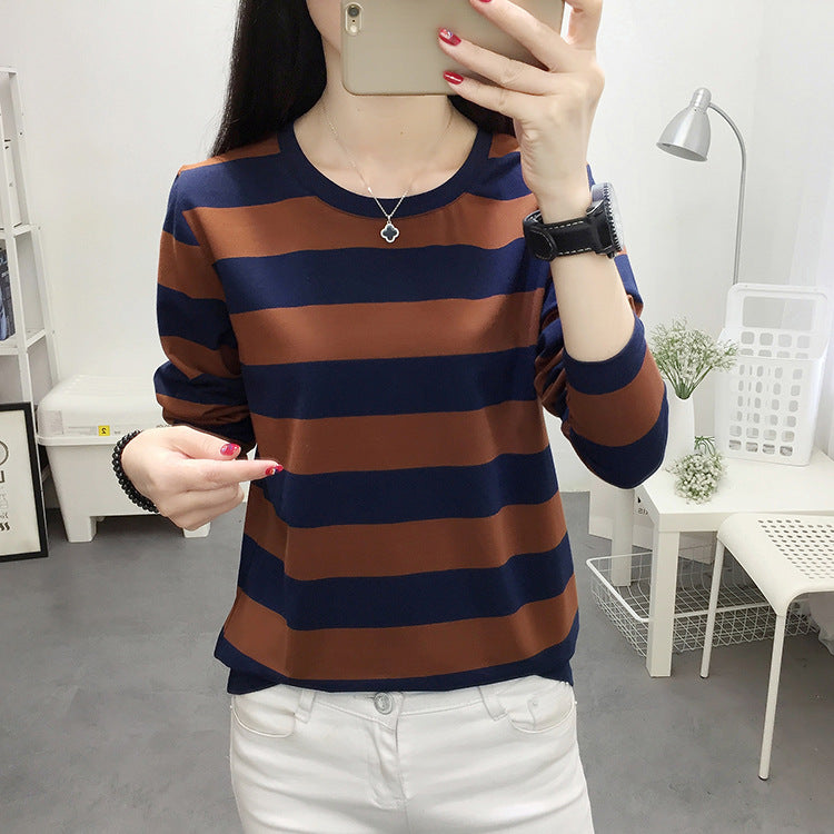 Autumn chubby girl Plus Size Large Size Loose Cotton Long-sleeved T-shirt Women's Middle-aged Mother Base Shirt Striped Top