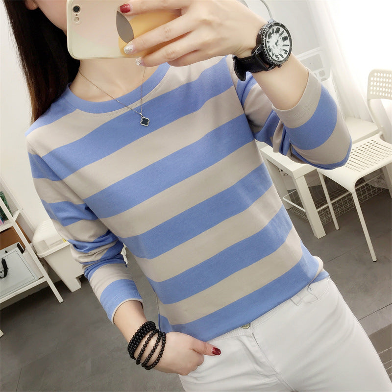 Autumn chubby girl Plus Size Large Size Loose Cotton Long-sleeved T-shirt Women's Middle-aged Mother Base Shirt Striped Top