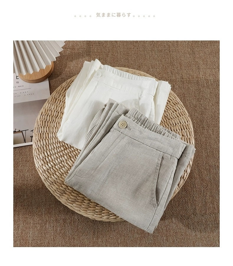 Solid Color Linen Wide-Leg Women's Pants 2023 Summer Loose Slimming Drapey High-Waisted Straight Nine-Point Length Leg-Lengthening