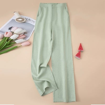 Solid Color Linen Wide-Leg Women's Pants 2023 Summer Loose Slimming Drapey High-Waisted Straight Nine-Point Length Leg-Lengthening