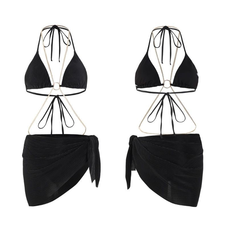 Black Chain Swimsuit Women's Bikini Three-Piece Split Beautiful Back Swimsuit Hot Spring Beach Vacation Halter Sexy