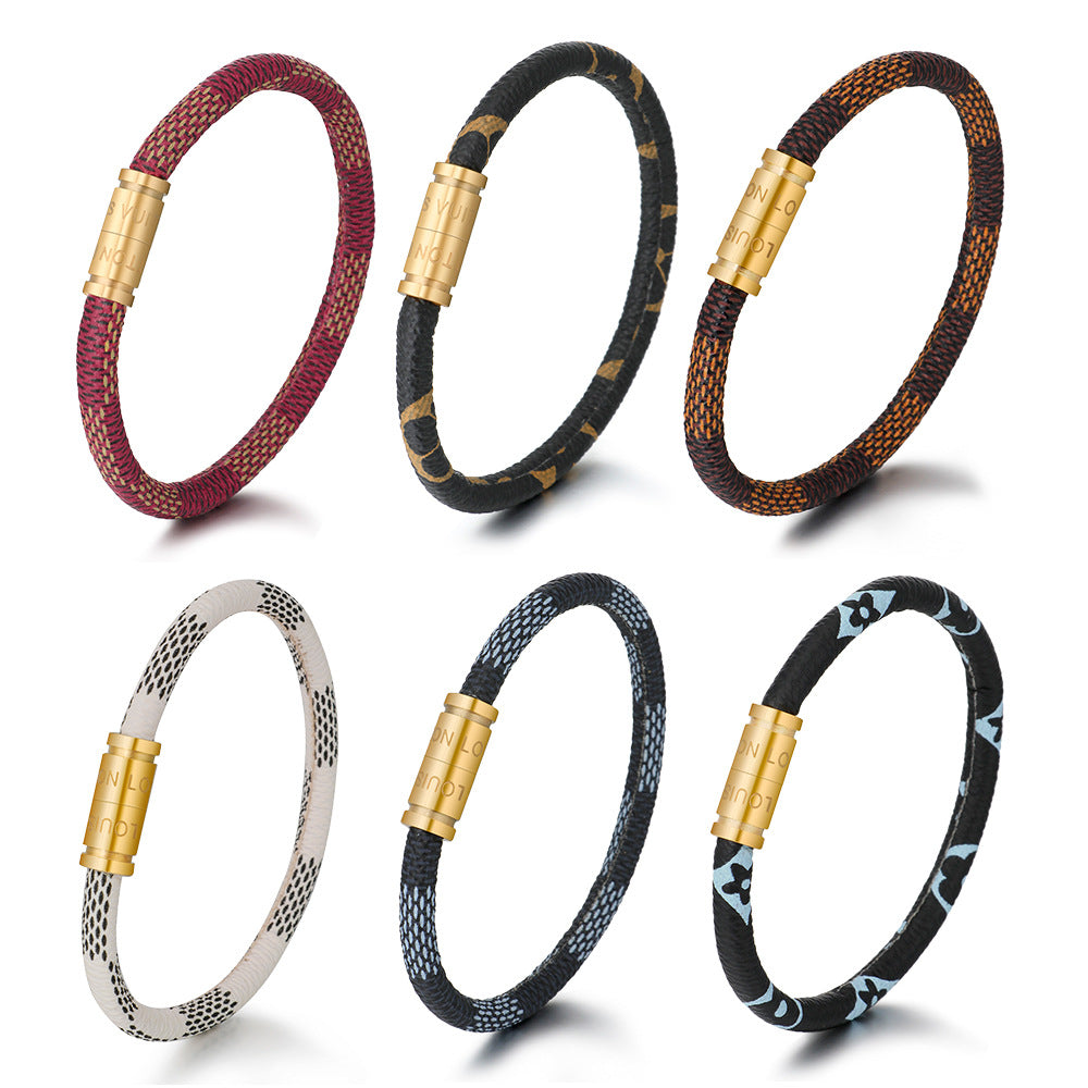Cross-Border E-Commerce European and American Titanium Steel Lettering Old Pattern Cowhide Rope Bracelet Stainless Steel Magnetic Buckle Male and Female Couple Bracelet