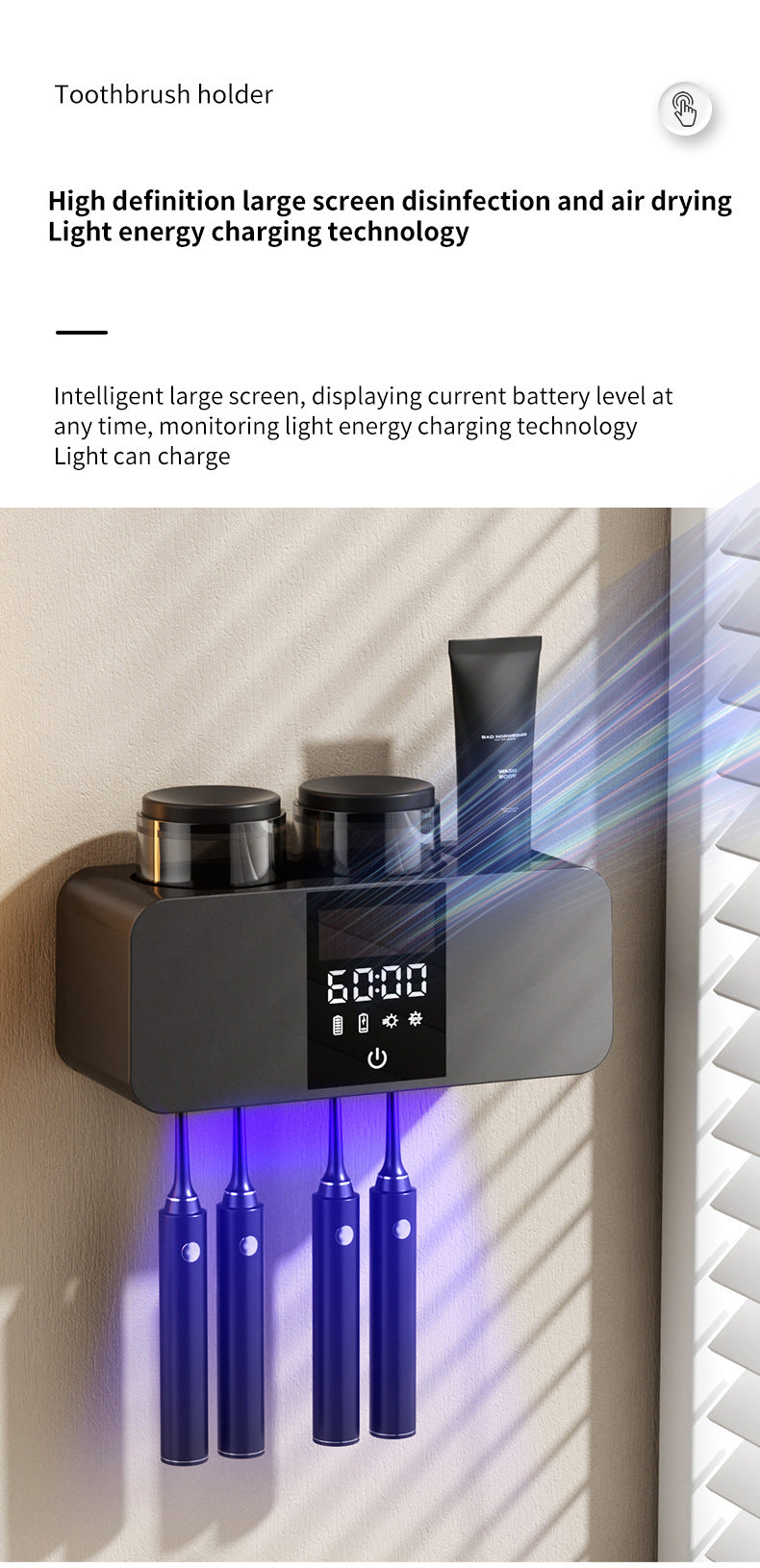 olovvs Smart Toothbrush Sterilizer UV Sterilization Electric Drying Hole-free Mouthwash Cup Toothpaste Rack