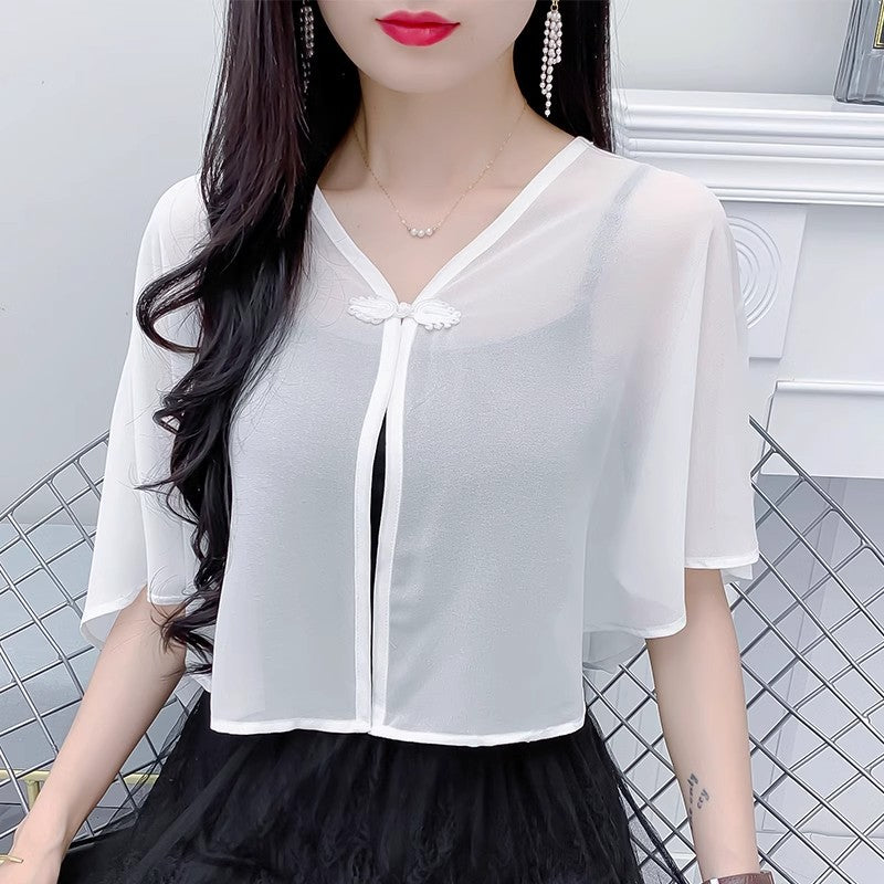 Thin Small Shawl Summer Dress with Sling Skirt Air-conditioning Shirt Women's Cardigan Outer Chiffon Ethnic Style Silver Buckle Small Coat