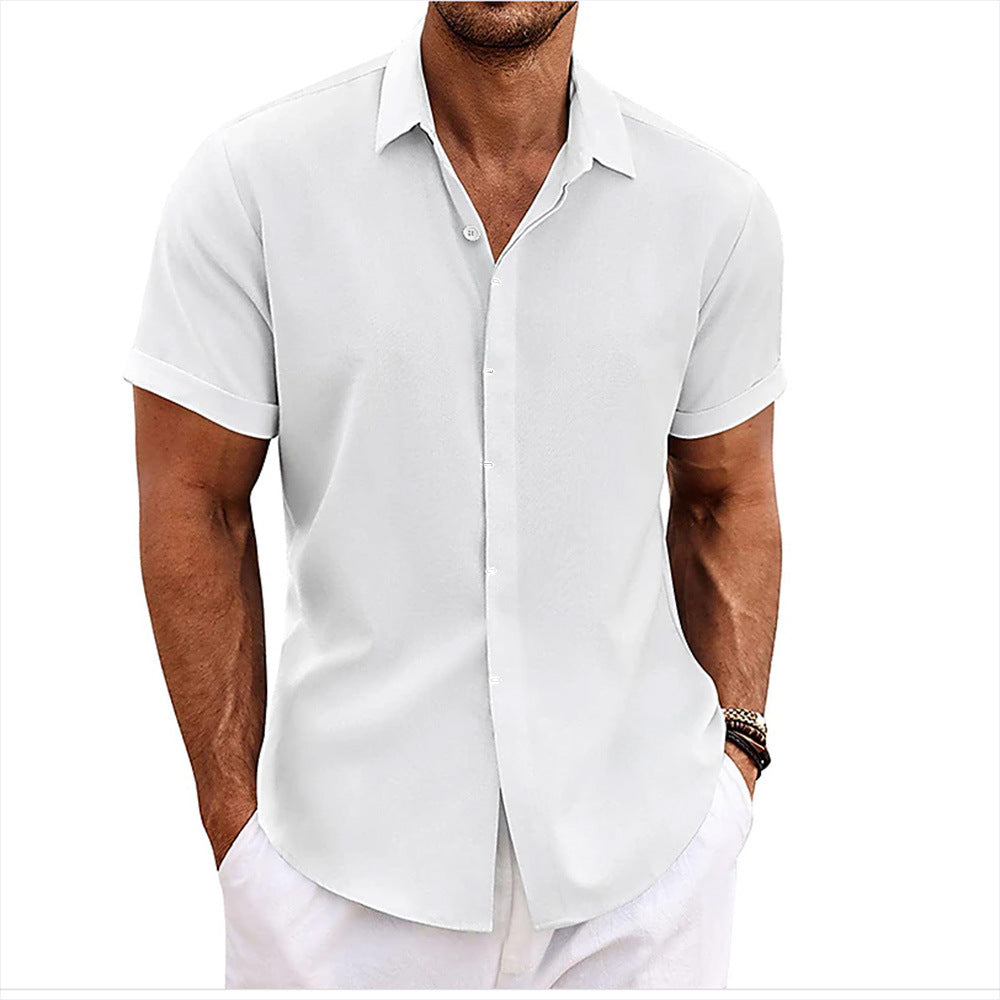 European and American Men's Double Placket Cotton Linen Cardigan Short-sleeved high quality Shirt Summer Home Short-sleeved Lapel Shirt Cross-border