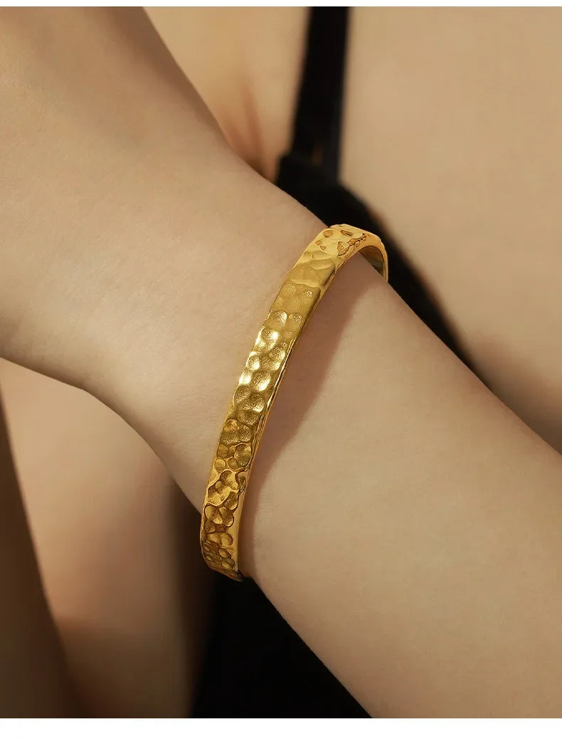 Casual Style Personalized Geometric Jewelry Niche Hammered Texture Design Titanium Steel Gold-Plated Open Bracelet Titanium Steel Bracelet