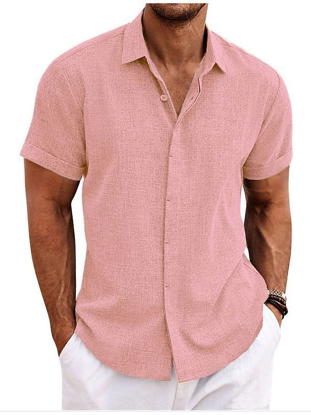 European and American Men's Double Placket Cotton Linen Cardigan Short-sleeved high quality Shirt Summer Home Short-sleeved Lapel Shirt Cross-border